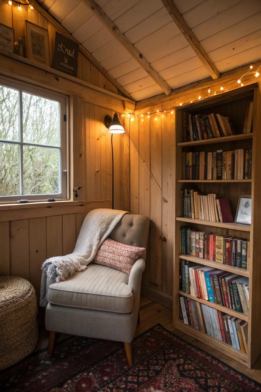 A charming reading nook inside a small shed, perfect for those who love to read.