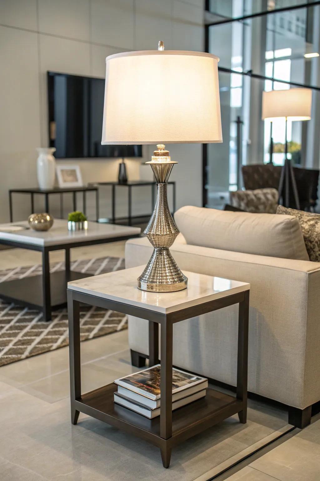 A chic table lamp enhances a small side table.