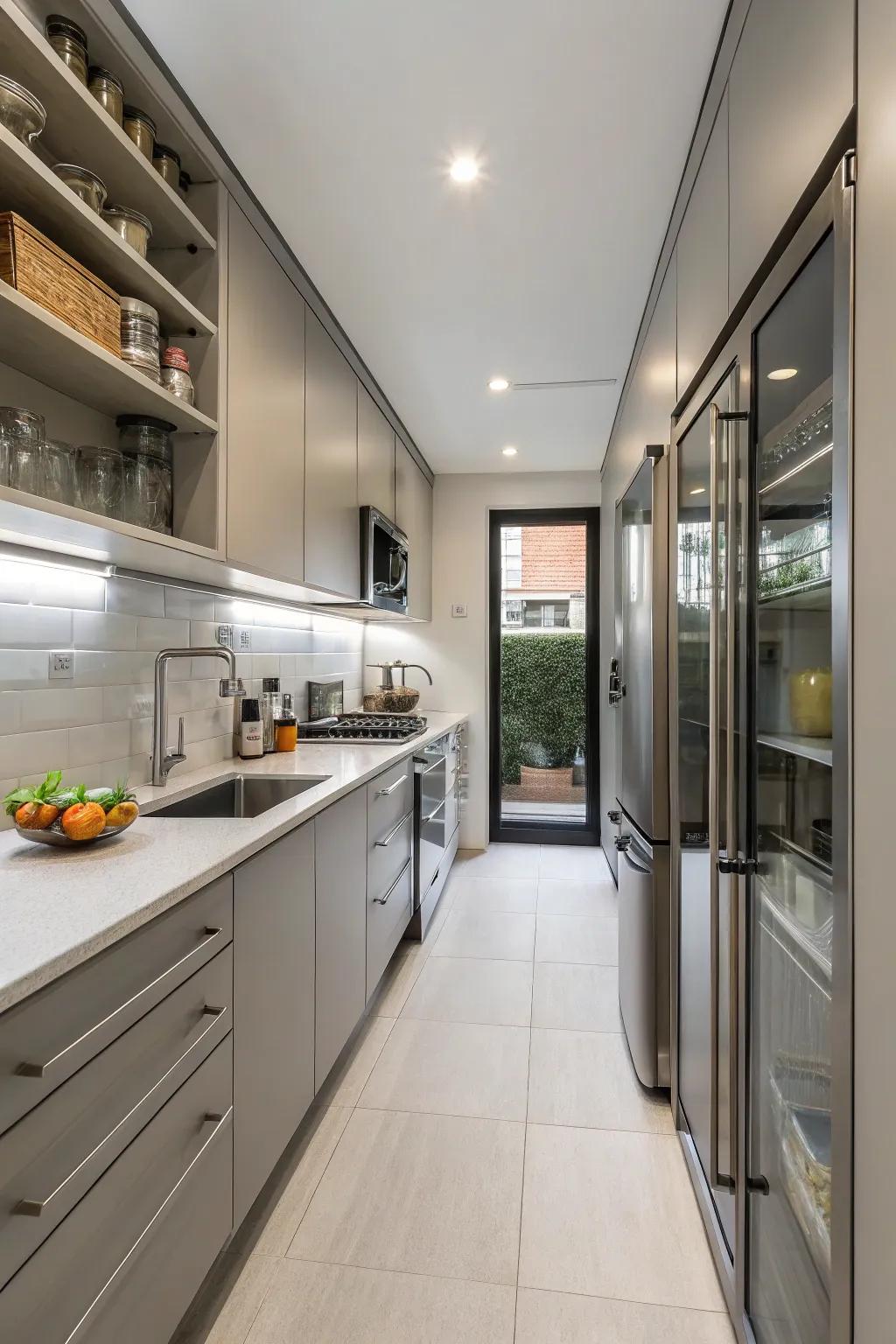 An elegant galley kitchen design focusing on space efficiency and usefulness.