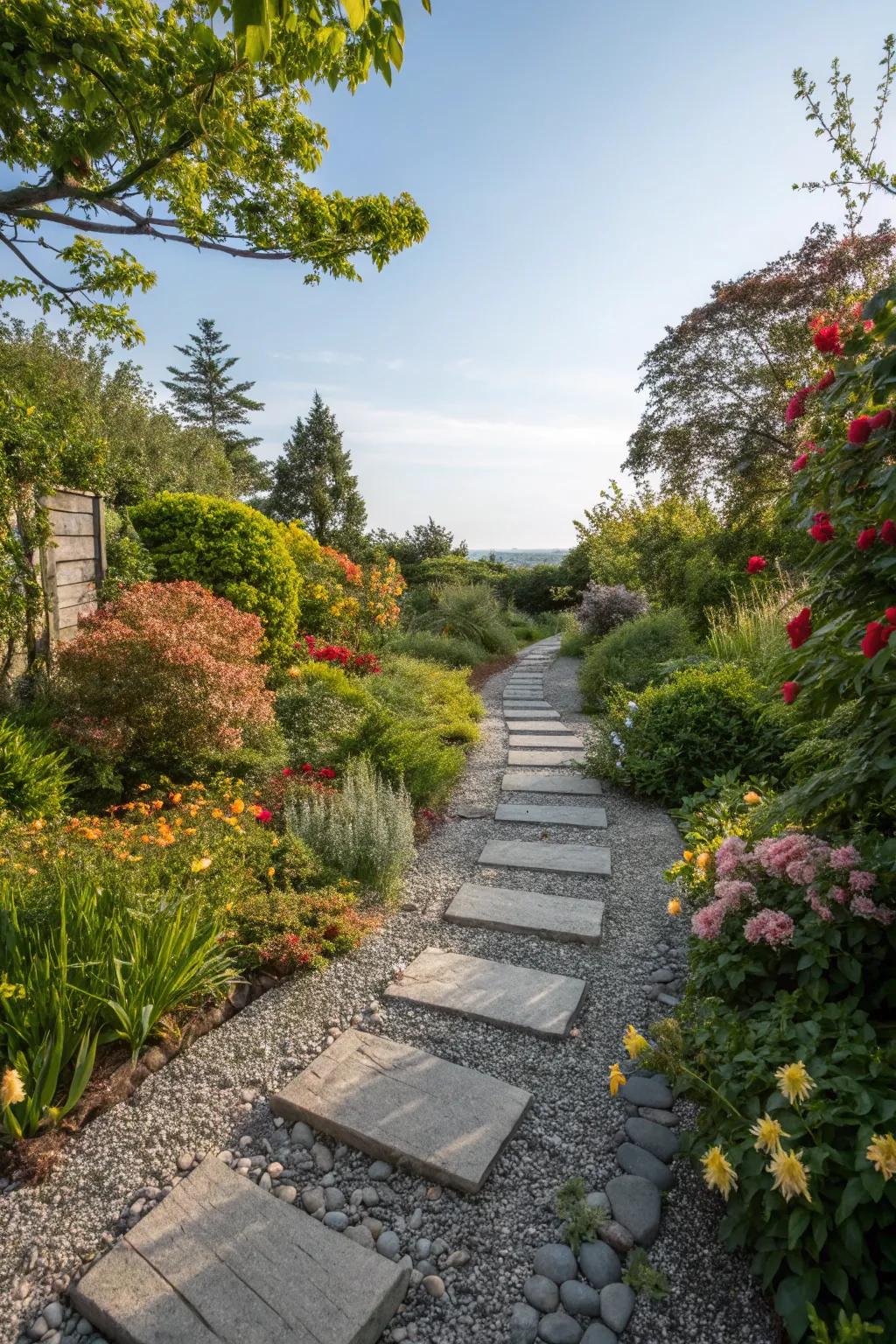 A natural rock pathway winding through vibrant garden vegetation.