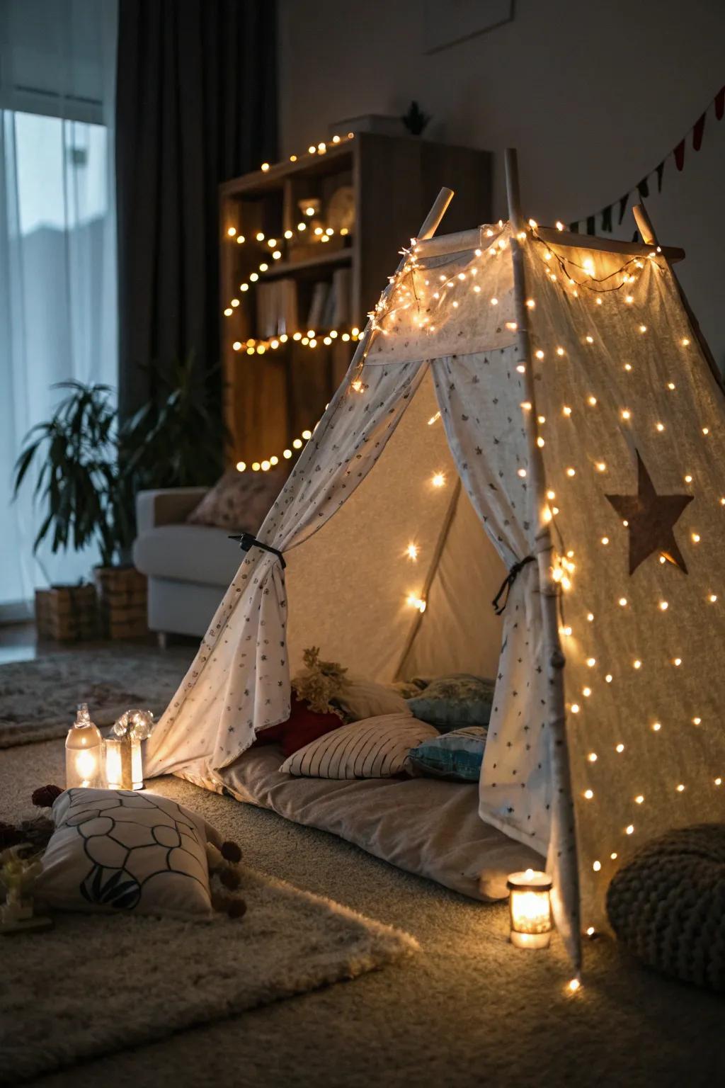 Charming radiant strand lights enhancing a small interior tent.