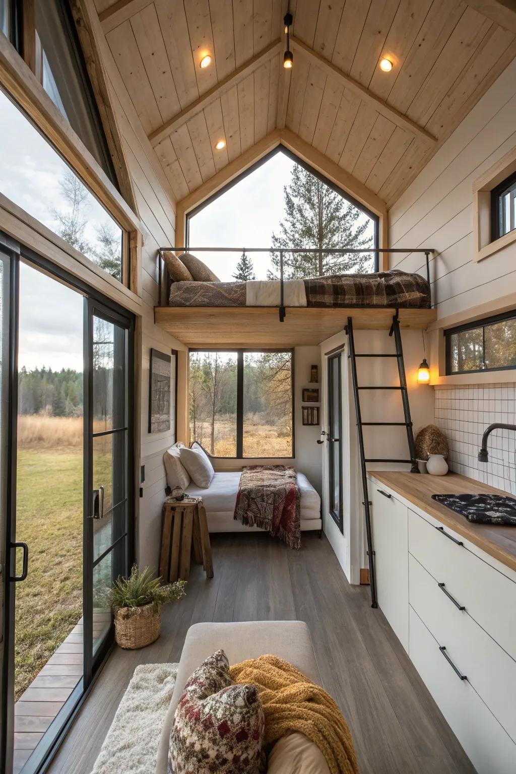 A sleeping loft provides a snug hideaway above a thoughtfully designed living space within a tiny house.