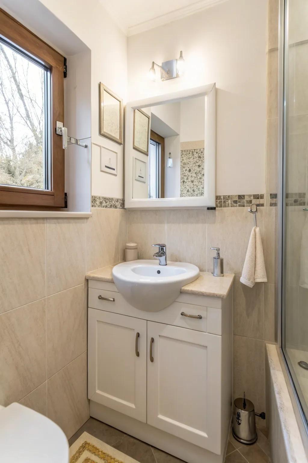 A corner sink provides more room in a smaller bathroom.