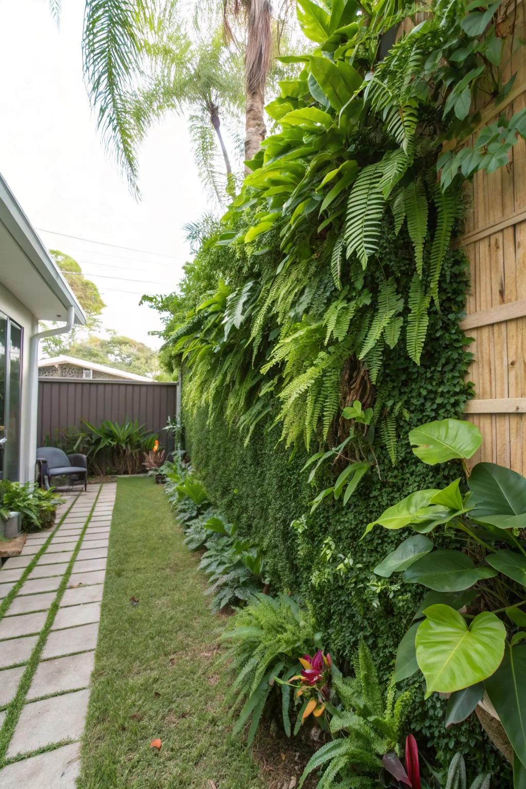 A vertical garden introduces a burst of foliage to a limited area.