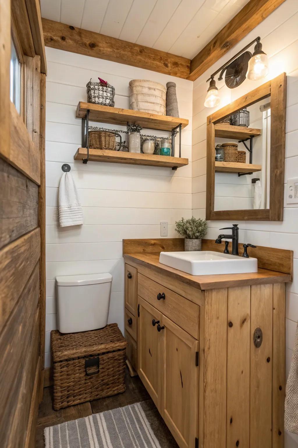 Reclaimed wood brings both warmth and texture to smaller bathrooms.