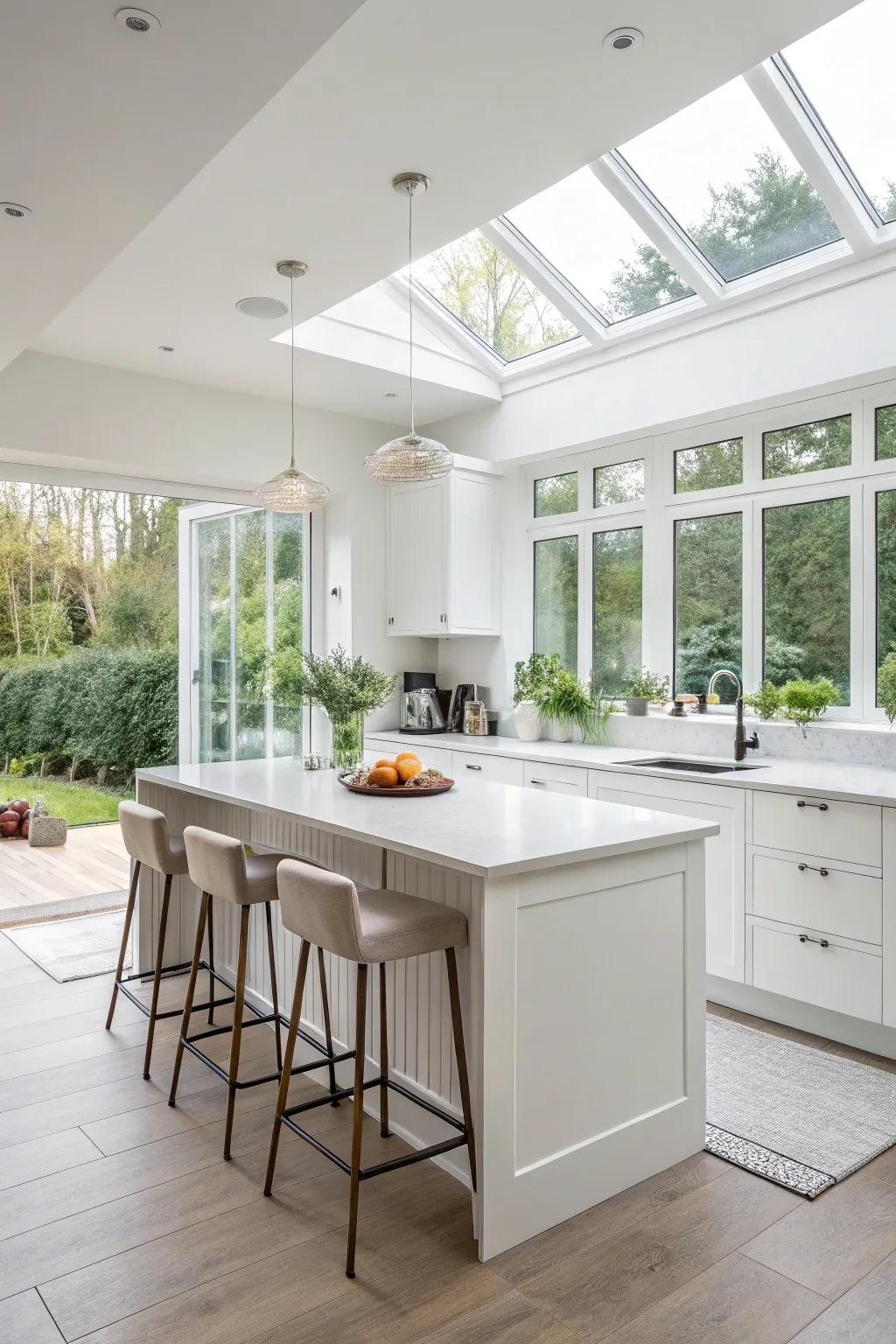 Daylight enlivens a small white kitchen, enhancing its spaciousness.
