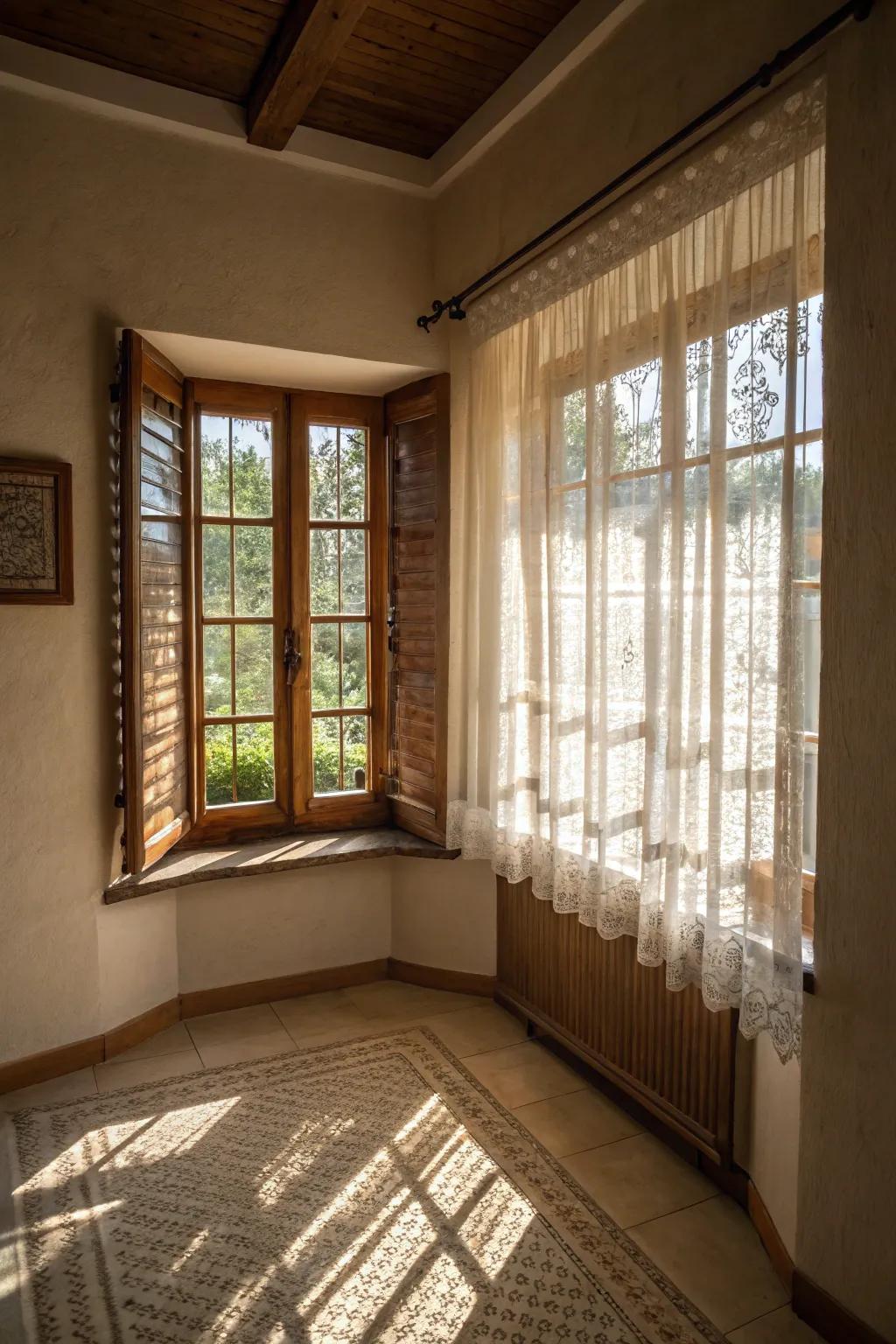 Ethereal window coverings permit natural light to enter, thus fostering a tranquil atmosphere.