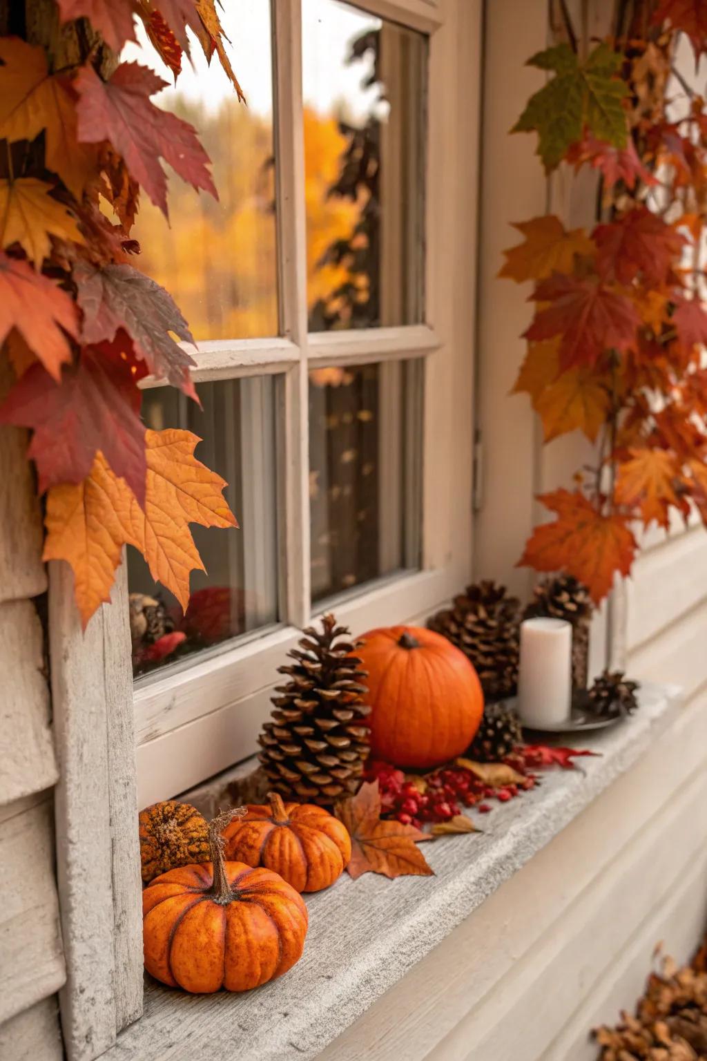 An appealing autumn window scene featuring natural accents.