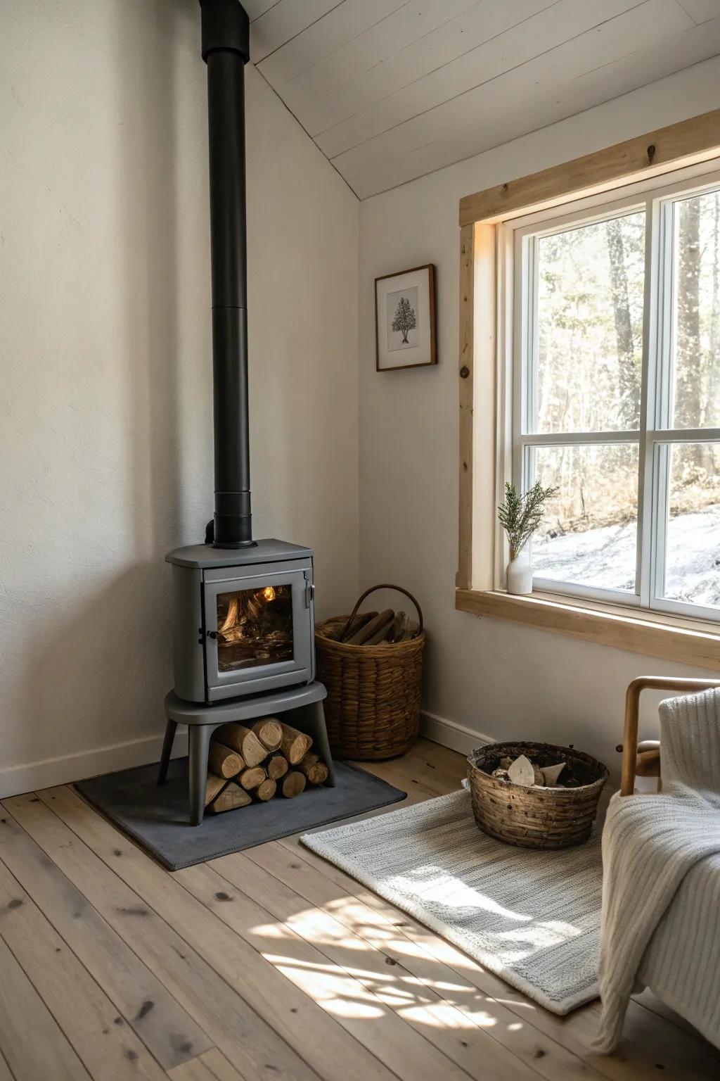 A small wood stove nestled in a corner, optimizing both space and aesthetics.