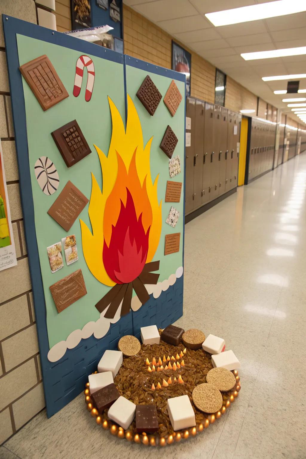 A campfire-centered bulletin board showcasing appealing s'mores illustrations.