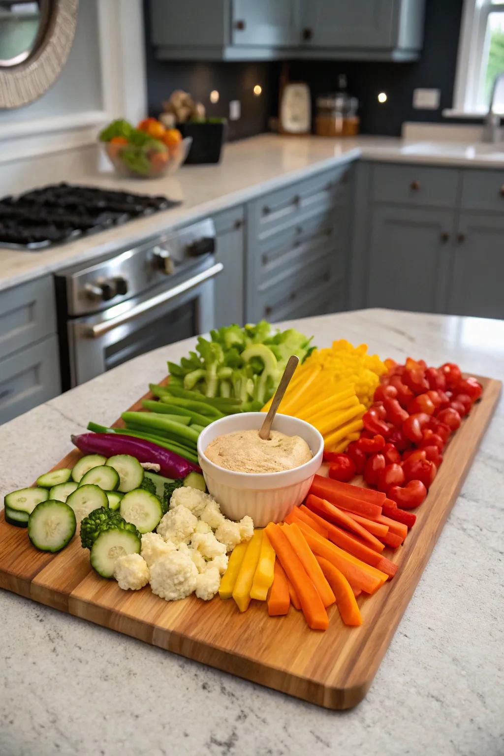 A vibrant rainbow vegetable arrangement that is as delicious as it is visually appealing.