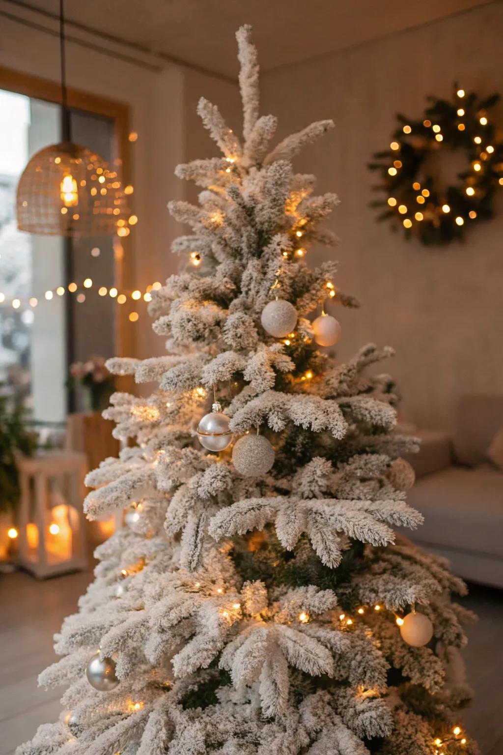 An artificial snow-covered Christmas tree displaying its snow-dusted branches.