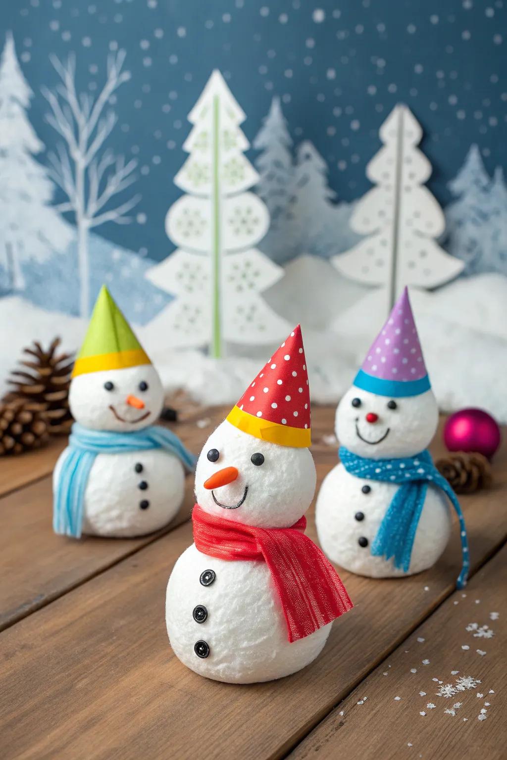 Adorable cotton ball snowmen ready for display.