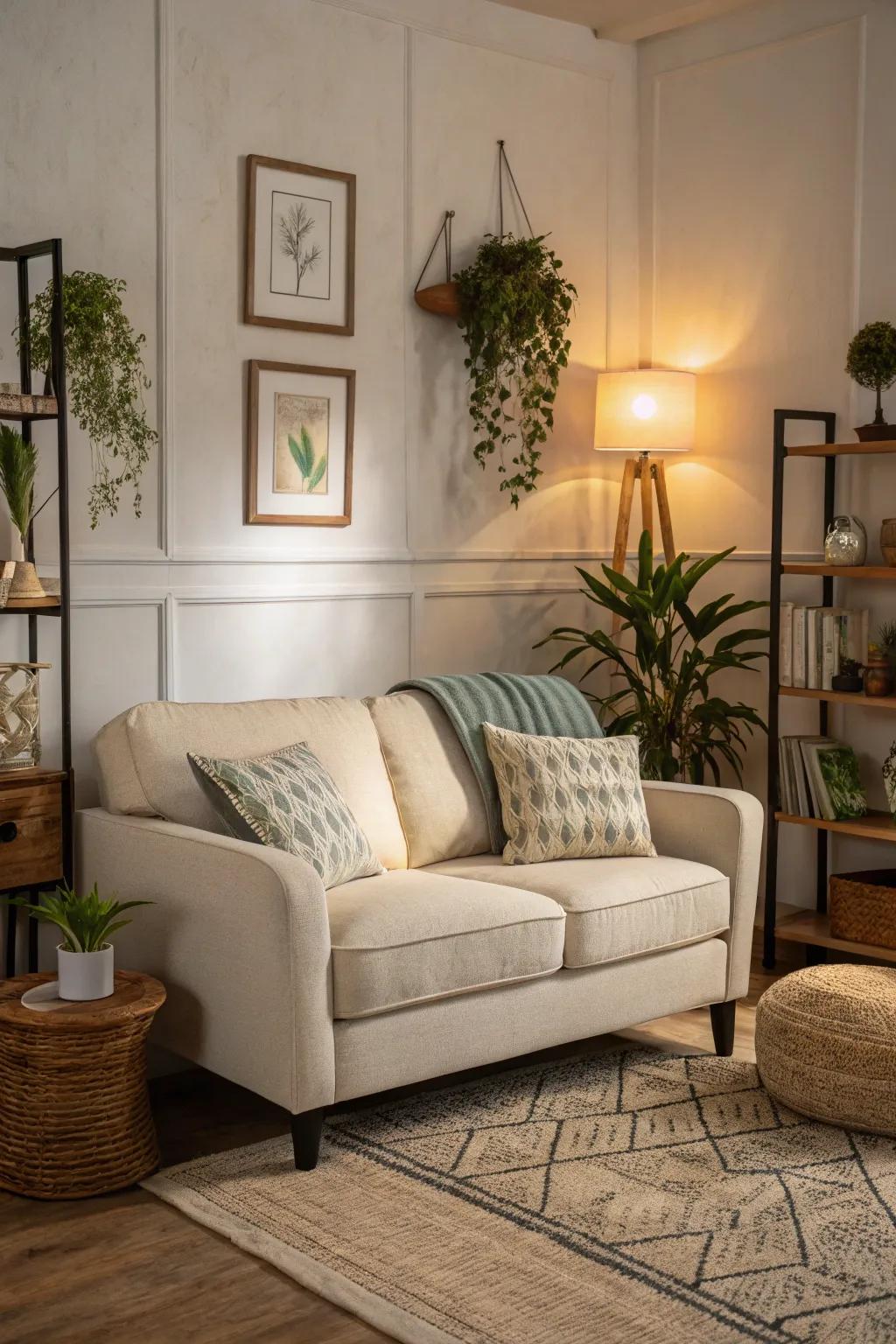 A small living room showcasing a fashionable small sofa in understated shades.