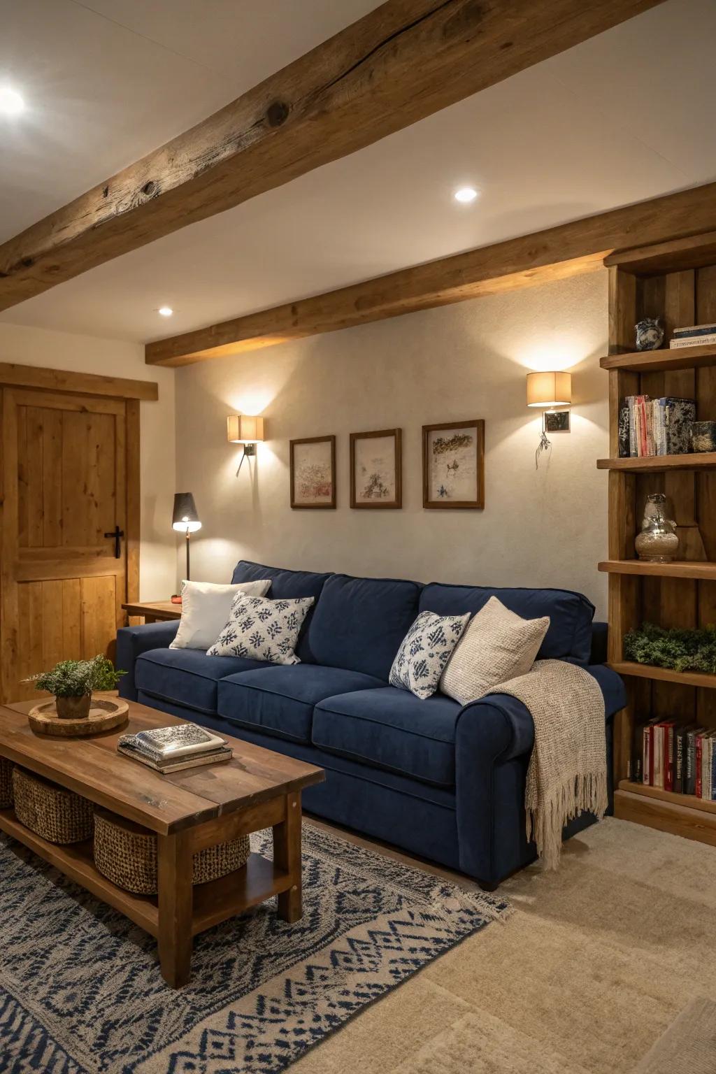 A deep blue sofa combined with neutral hues and wood elements creates a balanced aesthetic.