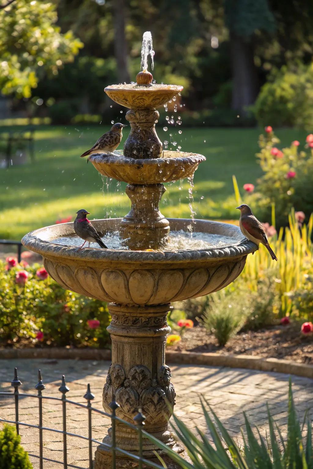 A classic birdbath converted to a solar-powered fountain, drawing in local birds.