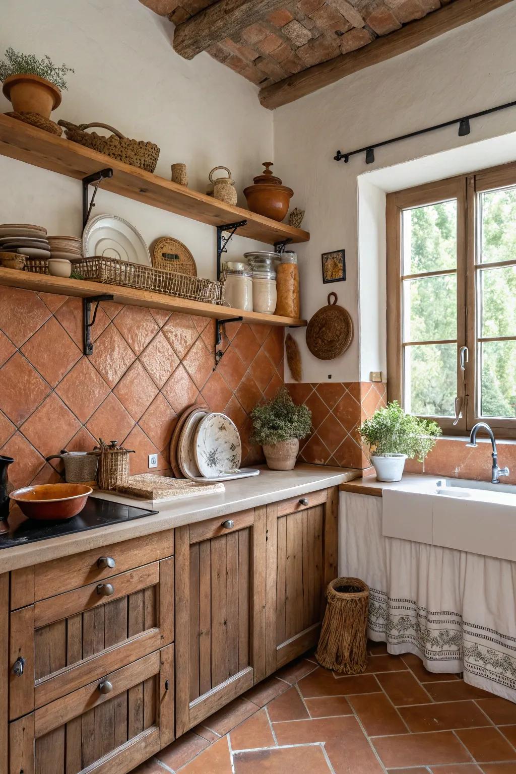Inviting earthen clay tiles evoke the ambiance of a desert sunset in your kitchen.