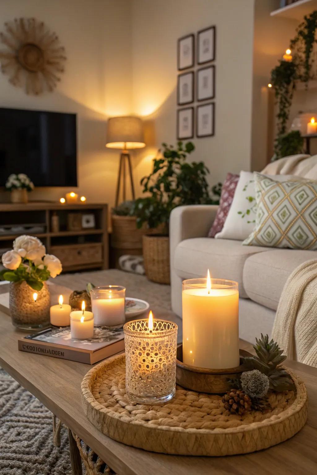Inviting and relaxing ambiance created by scented candles.