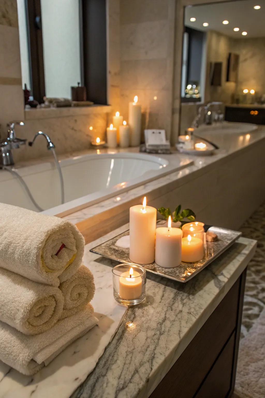 Transform your bathroom into a relaxing retreat with candles and soft towels.