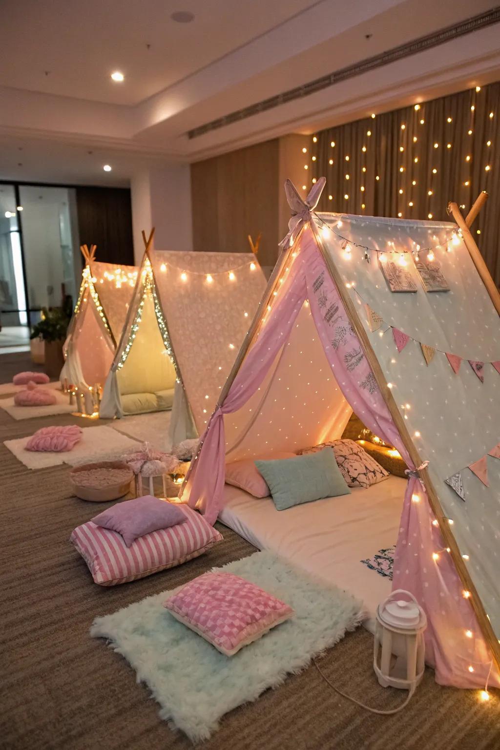Inviting relaxation zones illuminated with twinkle lights for an enchanting sleepover.