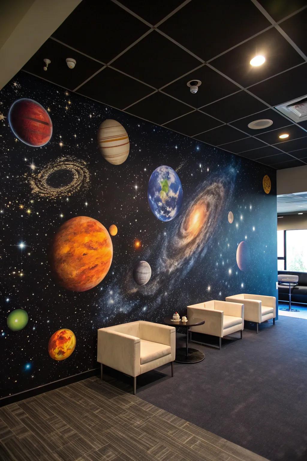 Planet-themed wall art provides an immersive cosmic sensation.