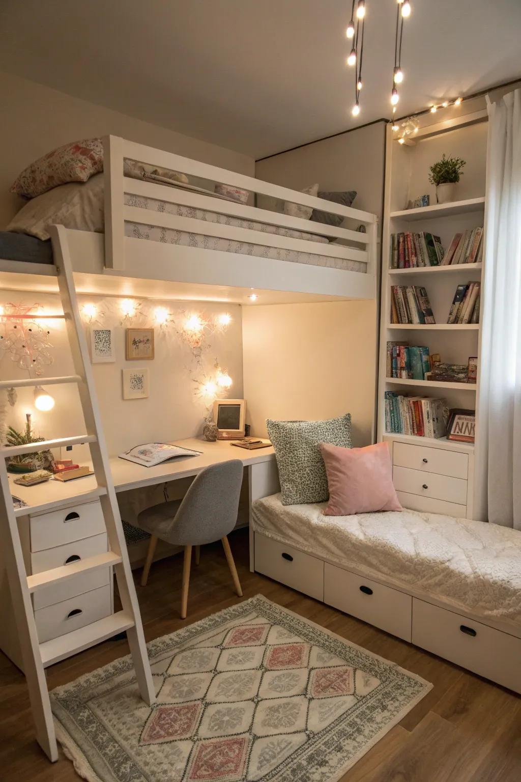Take full advantage of the space with a high-rise bed, providing room for both working and unwinding.