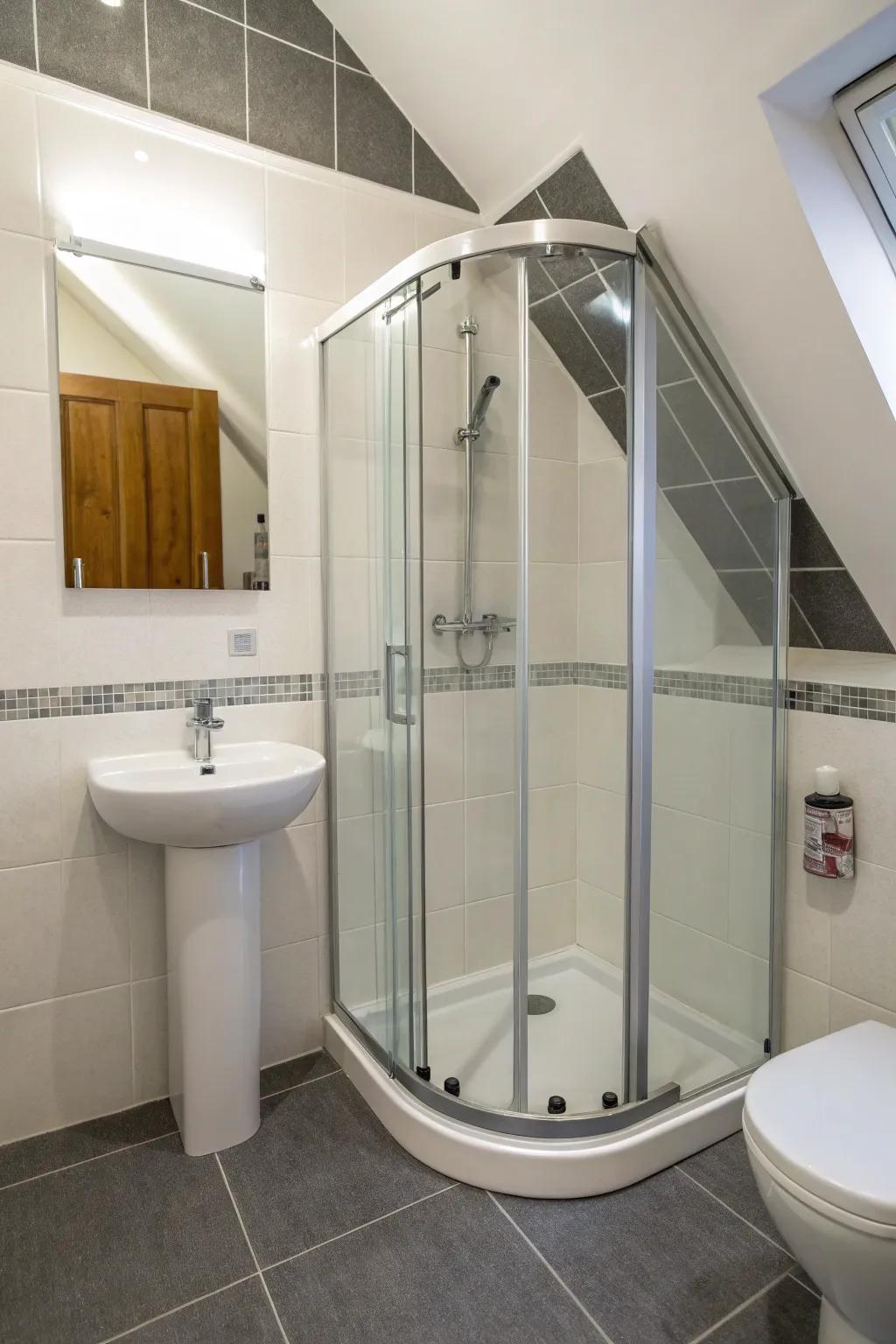An efficient corner shower design optimizes the available floor space.