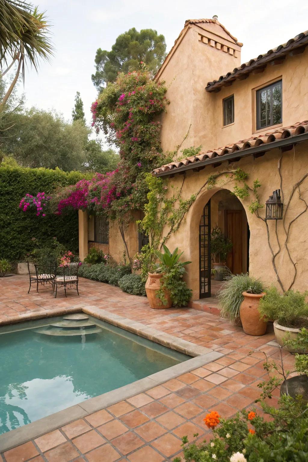 Stucco walls and terracotta tiles frame this stunning Spanish-style pool area.