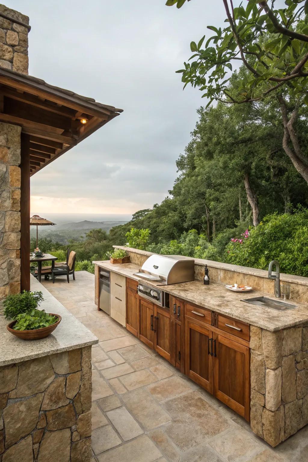 A captivating outdoor kitchen showcases natural stone and wood accents, set within lush greenery.