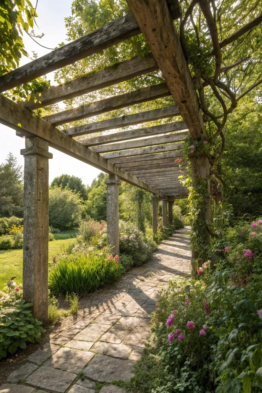 Earthy timber framework creates a timeless Spanish pergola.