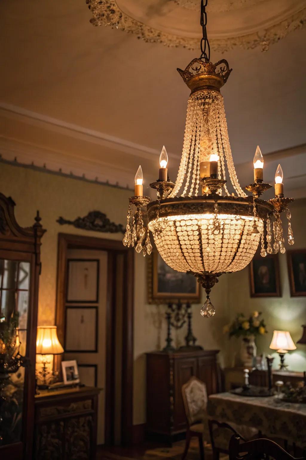 Vintage chandeliers provide the perfect lighting to evoke a speakeasy ambiance.