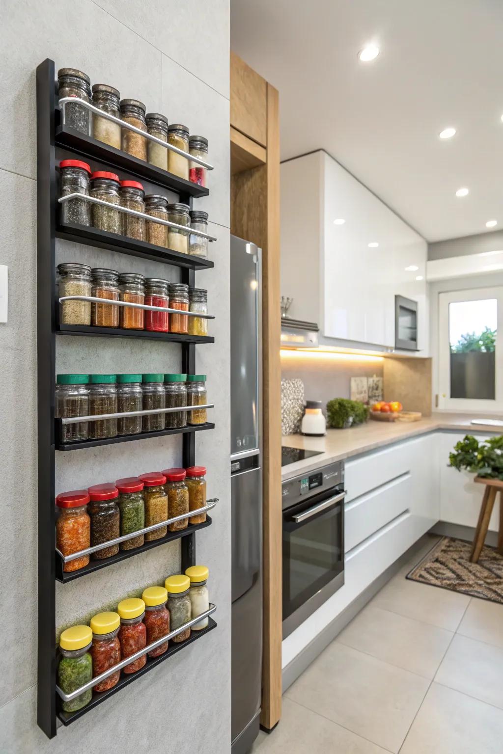 Wall-mounted spice rack saving space in a modern kitchen.
