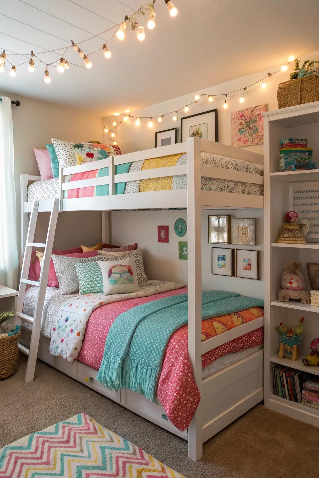 A welcoming bedroom featuring space-efficient stacked beds and vibrant decorations.