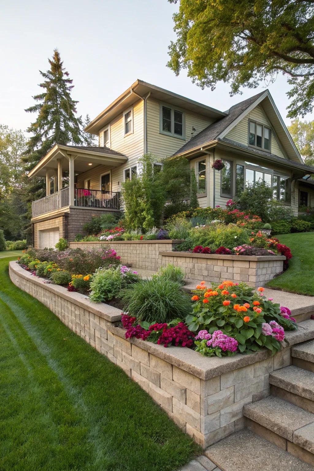 Multi-tiered flower beds bring depth and charm to your split-level home.