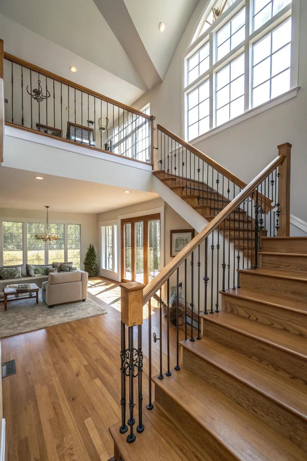 A timeless wood and metal railing design that complements a split-level home.