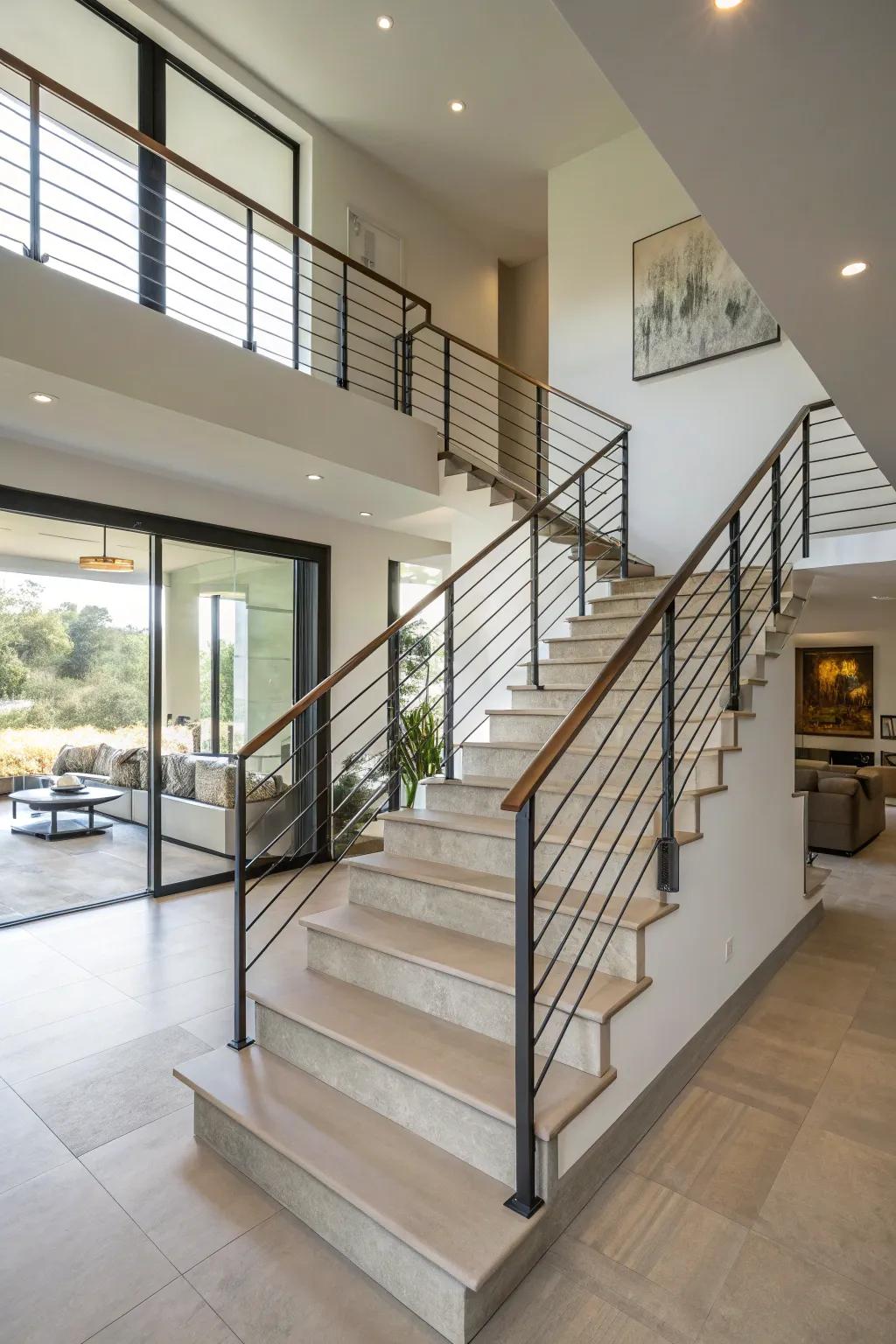 A minimalist staircase elevates the space with sleek metal railings.