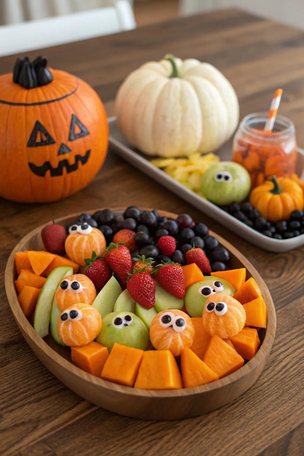 A spectacular Halloween fruit platter that offers a delightful mix of spookiness and deliciousness.