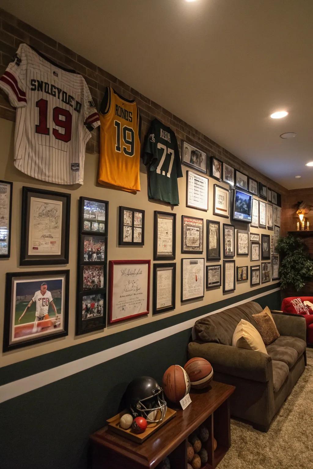 A showcase of amazing sports collectibles in a stylish man cave.