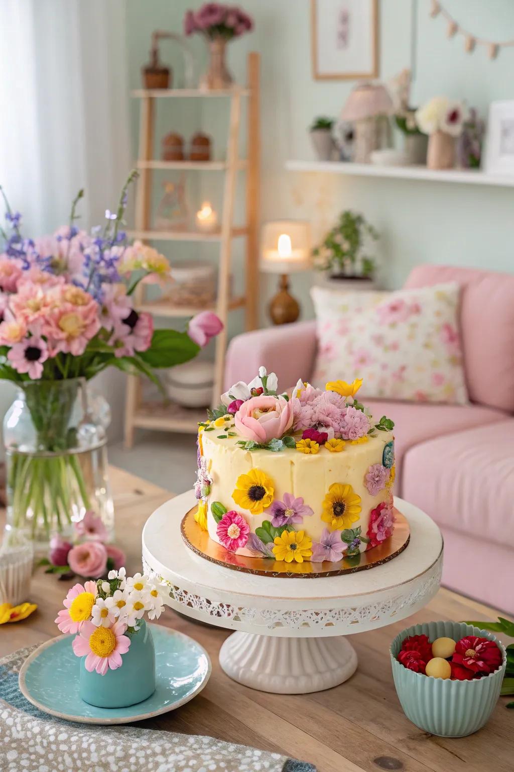 A floral-themed birthday cake that perfectly embodies spring's beauty.