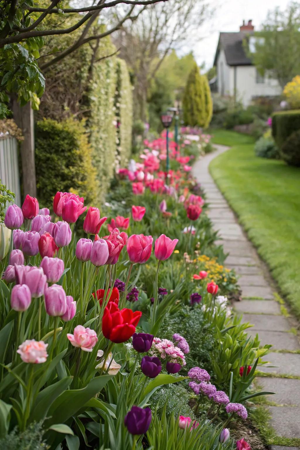 A captivating tulip border showcasing a spectrum of radiant hues.