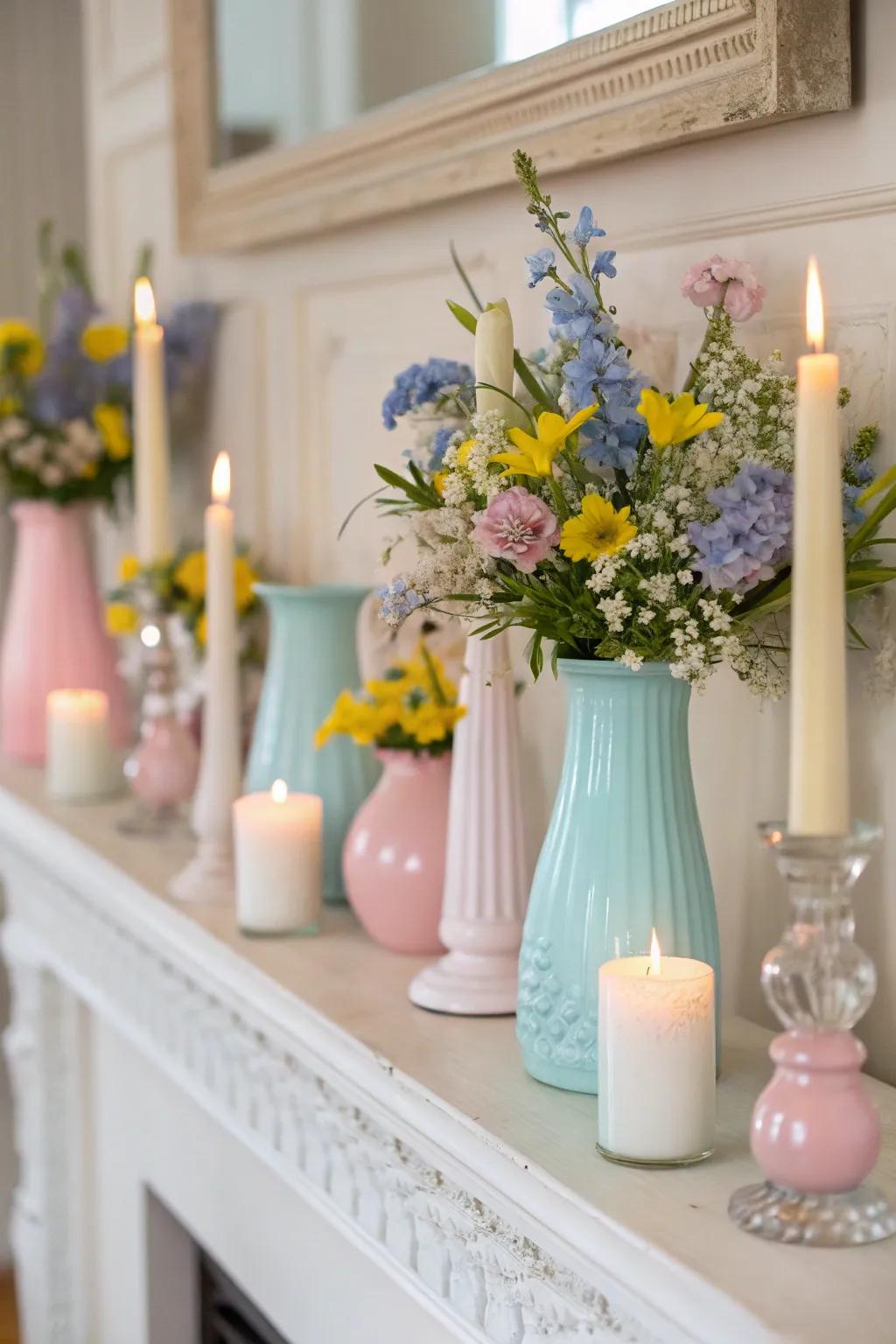 A mantel adorned with pastel colors evokes a serene springtime feel.