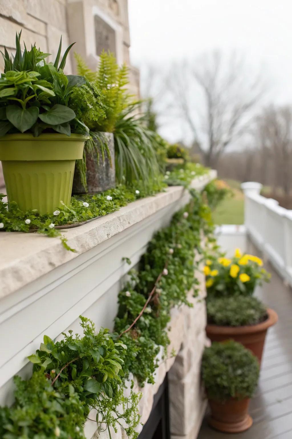 Greenery enlivens any mantel prepared for springtime.