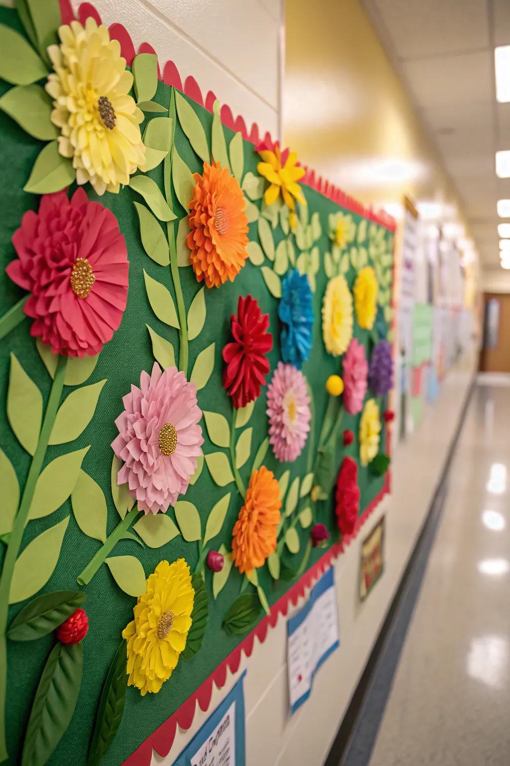 A bulletin board that resembles a colorful spring garden.