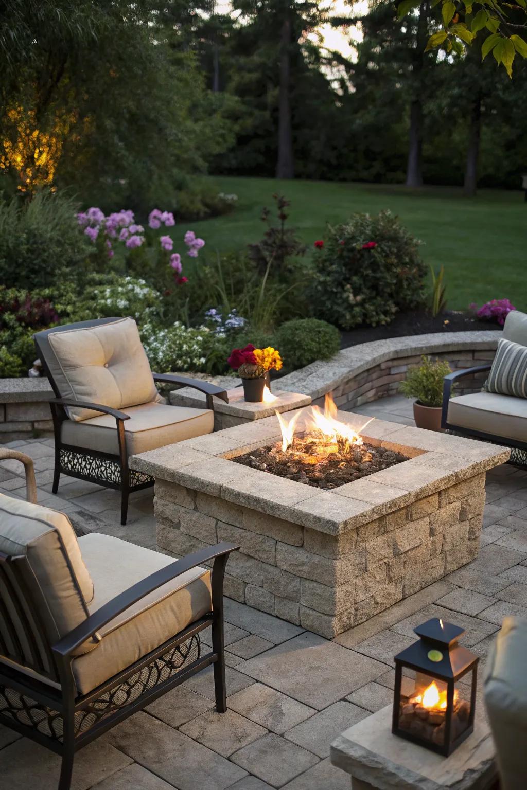 A central stone fire pit establishes a cozy and welcoming focal point for the patio.