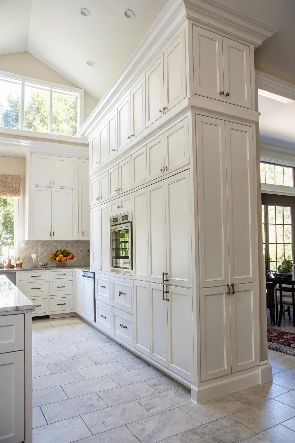 Stacked cabinets reaching towards the ten-foot ceiling, providing ample storage.