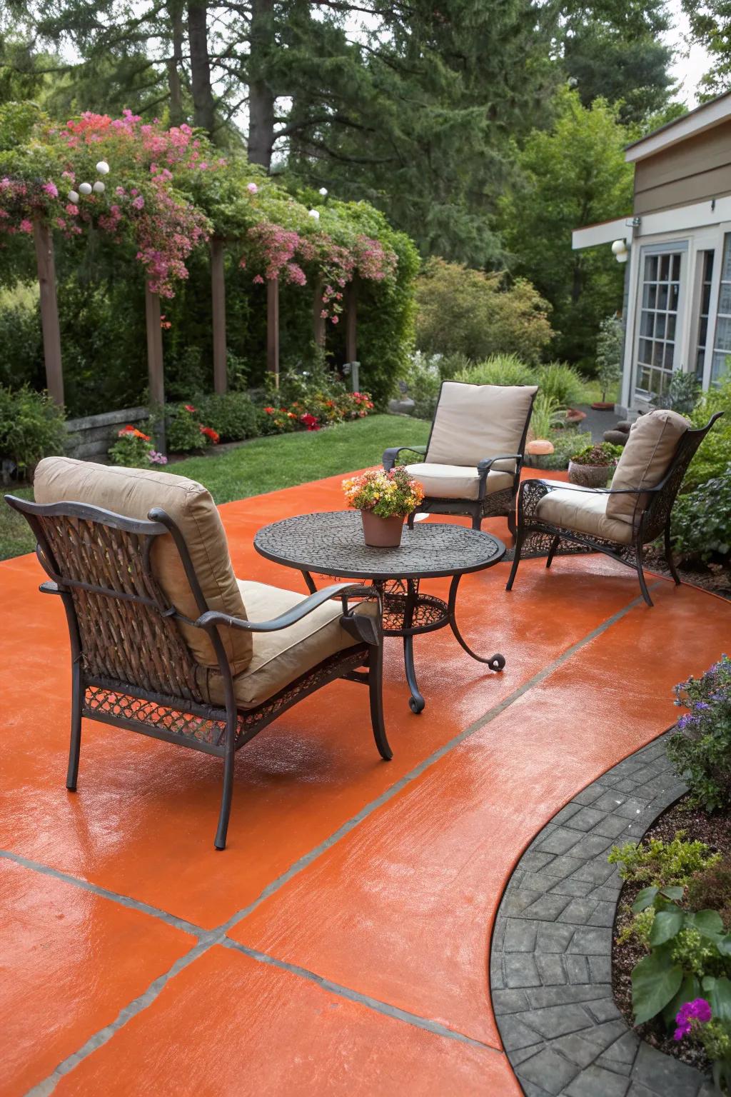 A bright orange-stained patio that introduces a burst of color to open-air get-togethers.