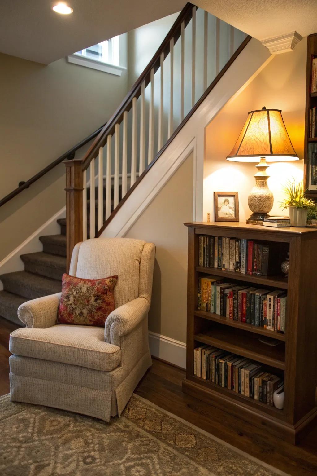 A cozy reading nook at your stair landing offers the perfect retreat for book lovers.