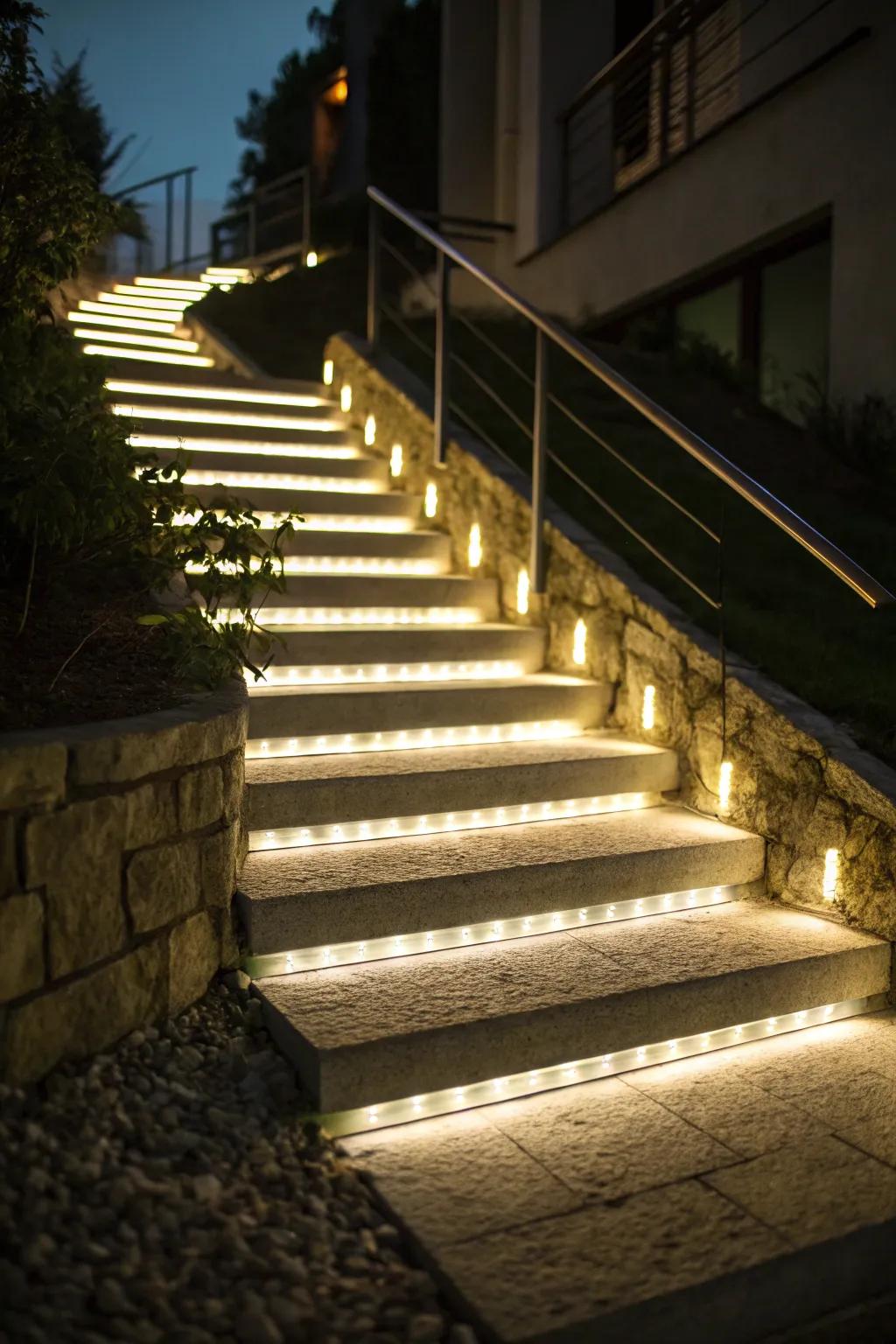 Under-step lighting conjures a captivating floating ambiance.