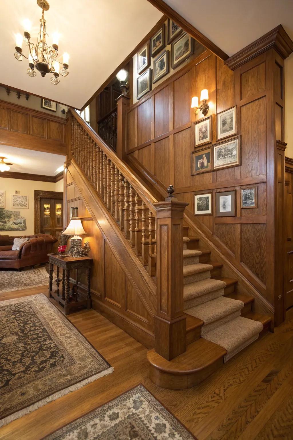 Classic wood panelling adds timeless elegance to any staircase.