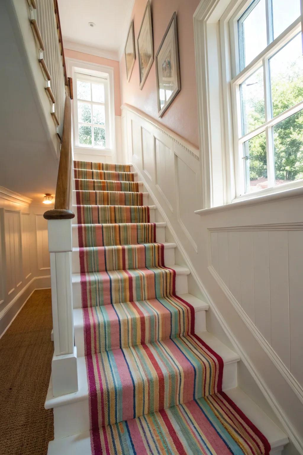 A classic striped stair runner brings ageless elegance to any staircase.